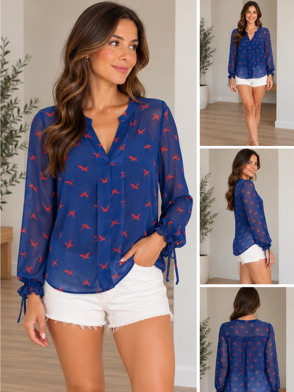Boutique Bellatrix Long Sleeve Blouse in Blue & Red Size XS Like New